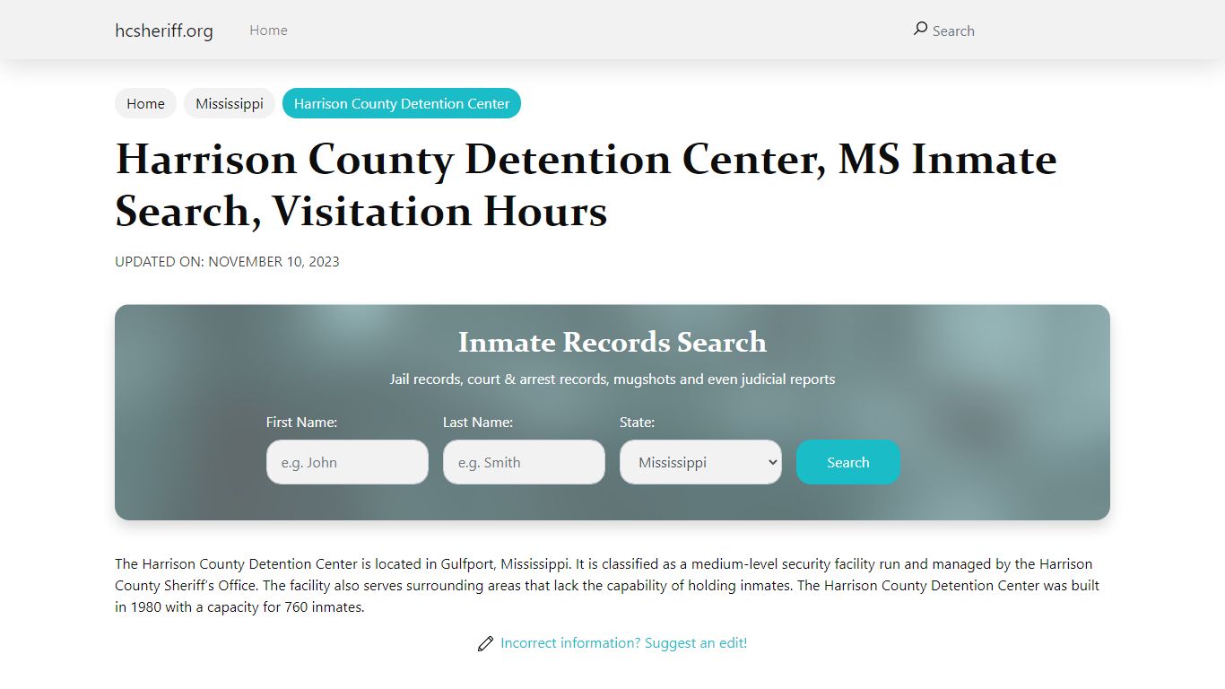 Harrison County Detention Center, MS Inmate Search, Visitation Hours